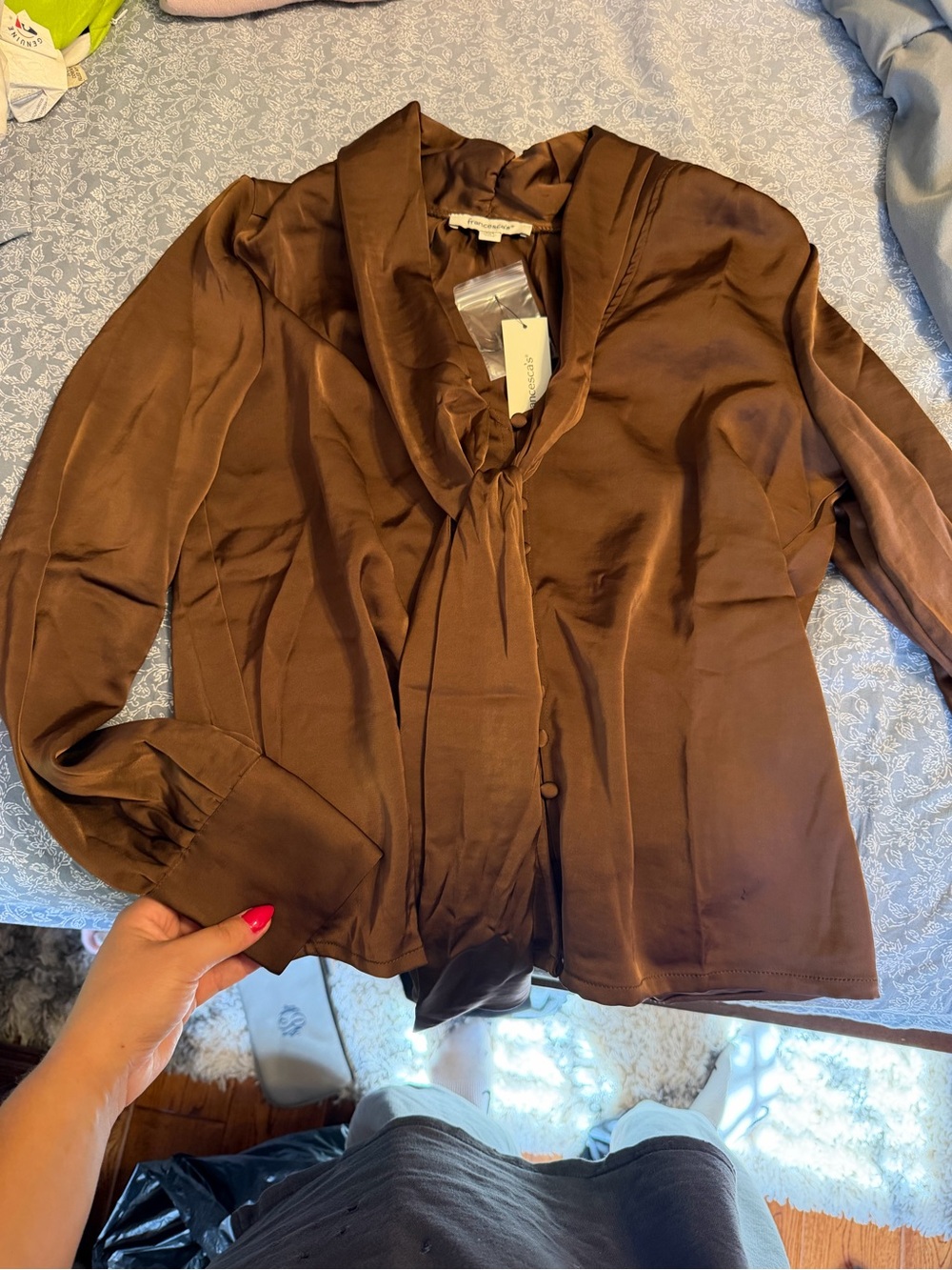 Francesca's Brown Satin-Look Tie Neck Blouse